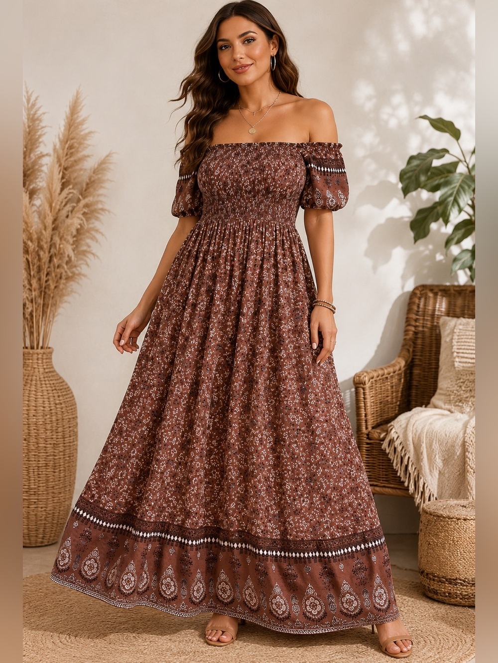 Boho Floral Smocked Maxi Dress XL Off Shoulder Puff Sleeve Peasant Cottagecore